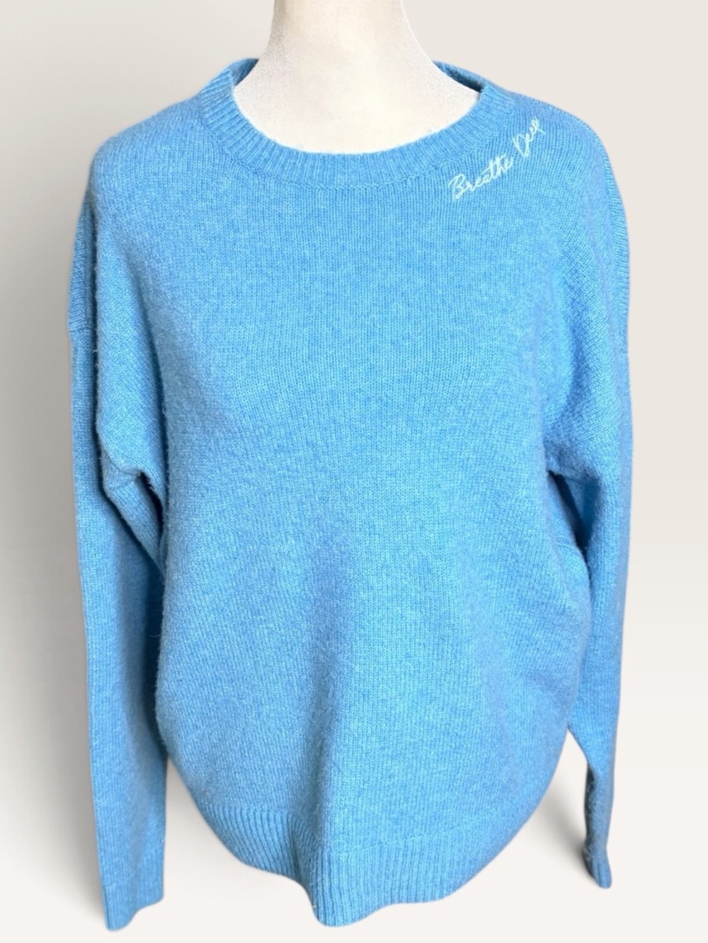 Crayola Sky Blue Crewneck Sweater with “Breath Deeply” Embroidered Detail